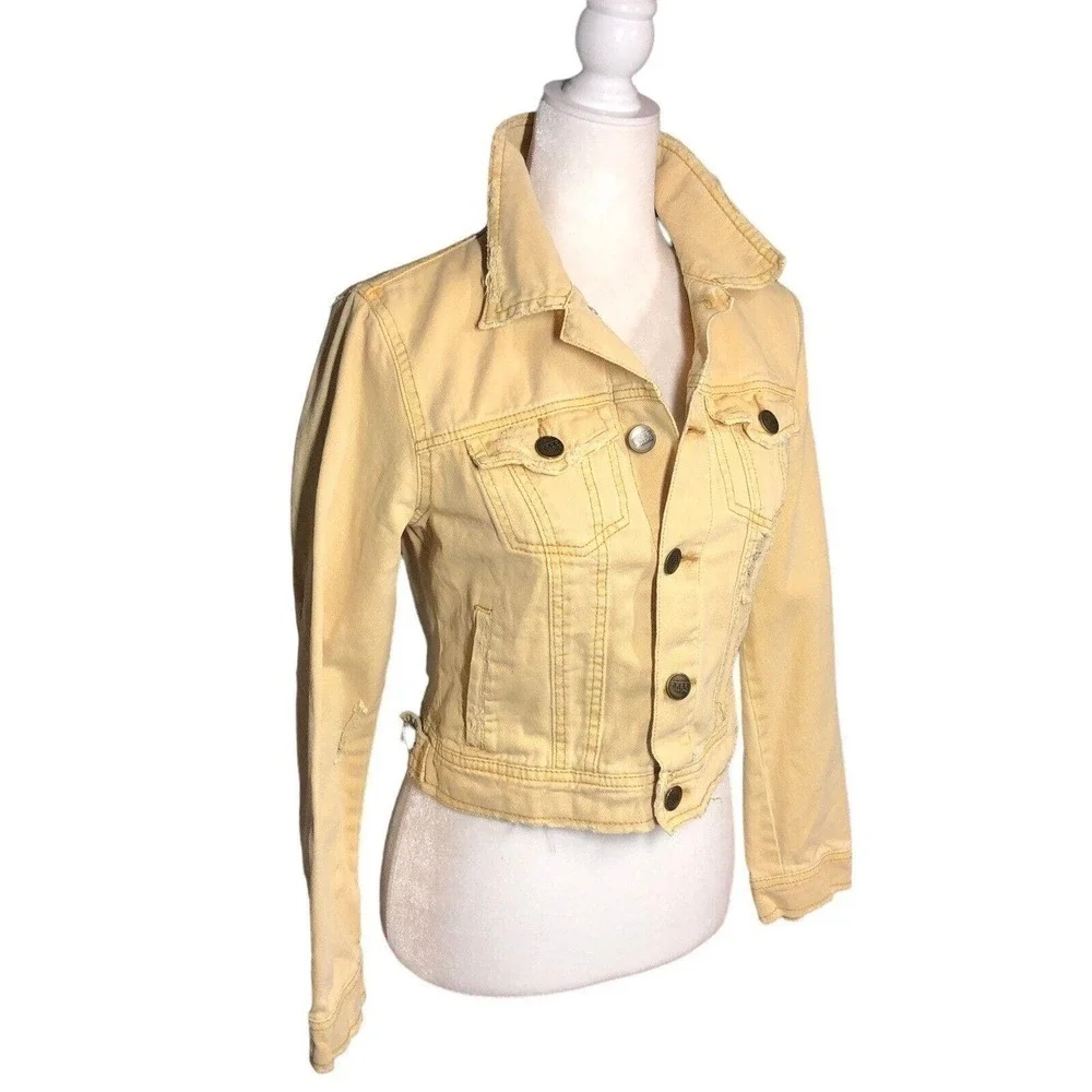 Free‎ People Jacket Womens 4 Pastel Yellow Button Collar Pockets Rumors Denim